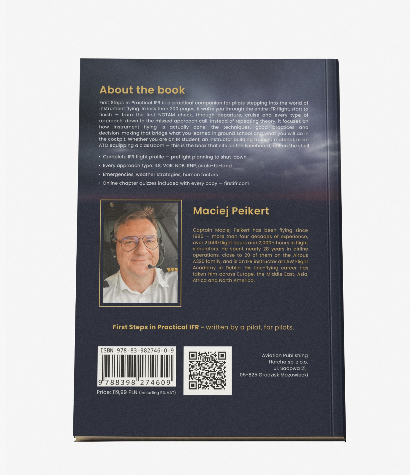 Back cover of First Steps in Practical IFR — about the book, author bio and ISBN